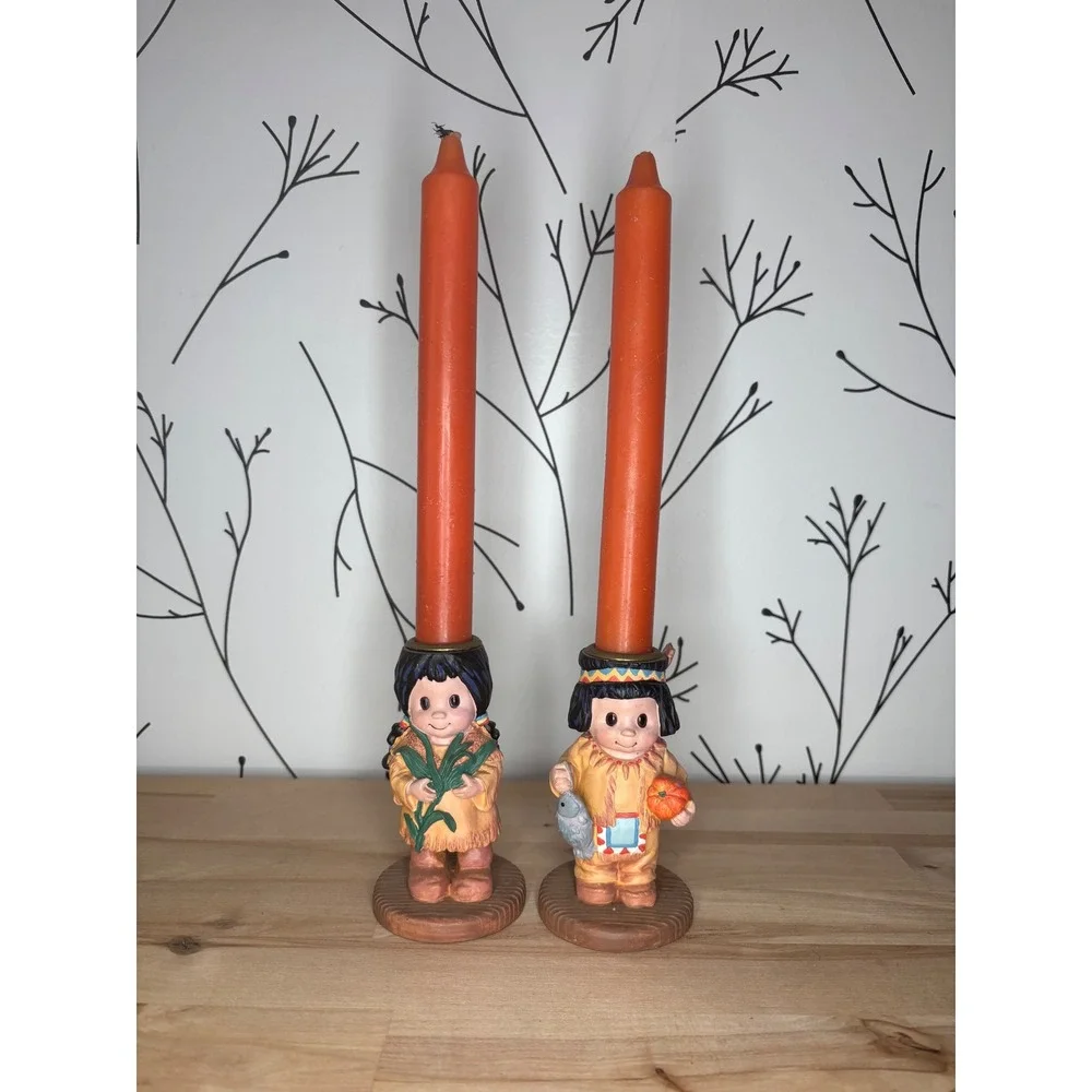 Vintage Hallmark Thanksgiving Native American Boy Girl Candle Holder Set Orange
